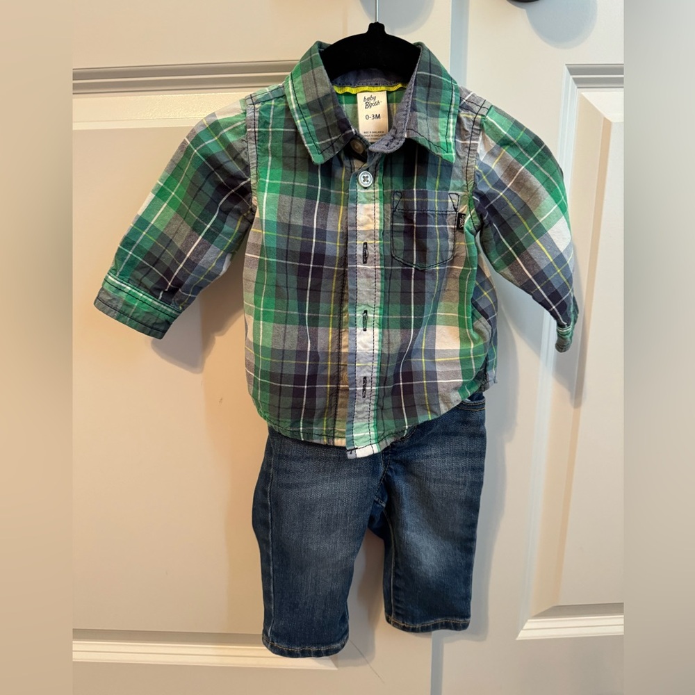 Baby Bigosh 0-3m Button-Up w/ Jeans & Suspenders